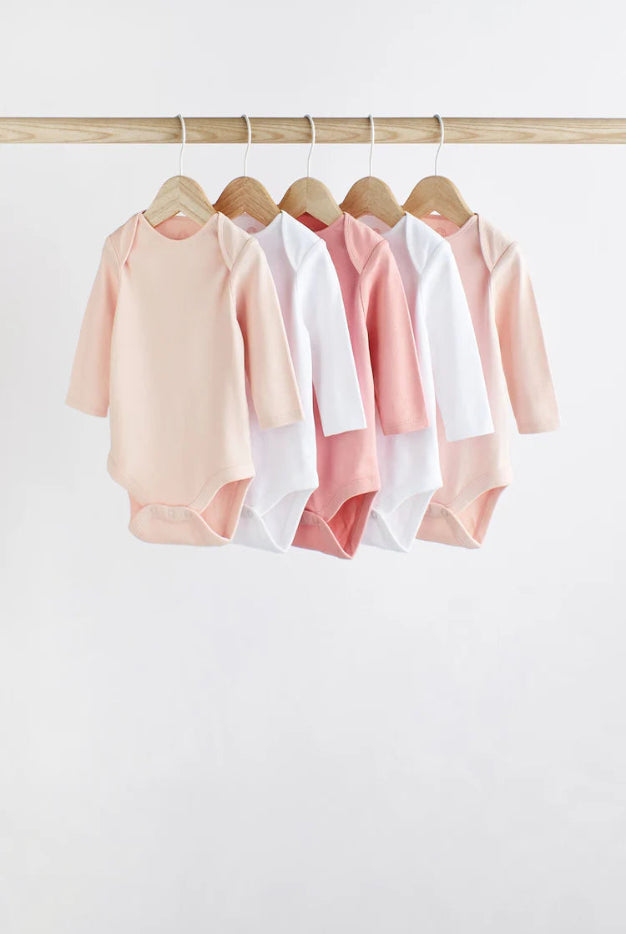 Pink/White 5 Pack Essential Long Sleeve 100% Cotton Baby Bodysuits